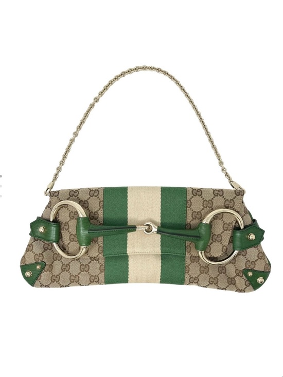 Gucci Handbags - Gucci Green and Cream GG Canvas Shoulder Bag with Horsebit